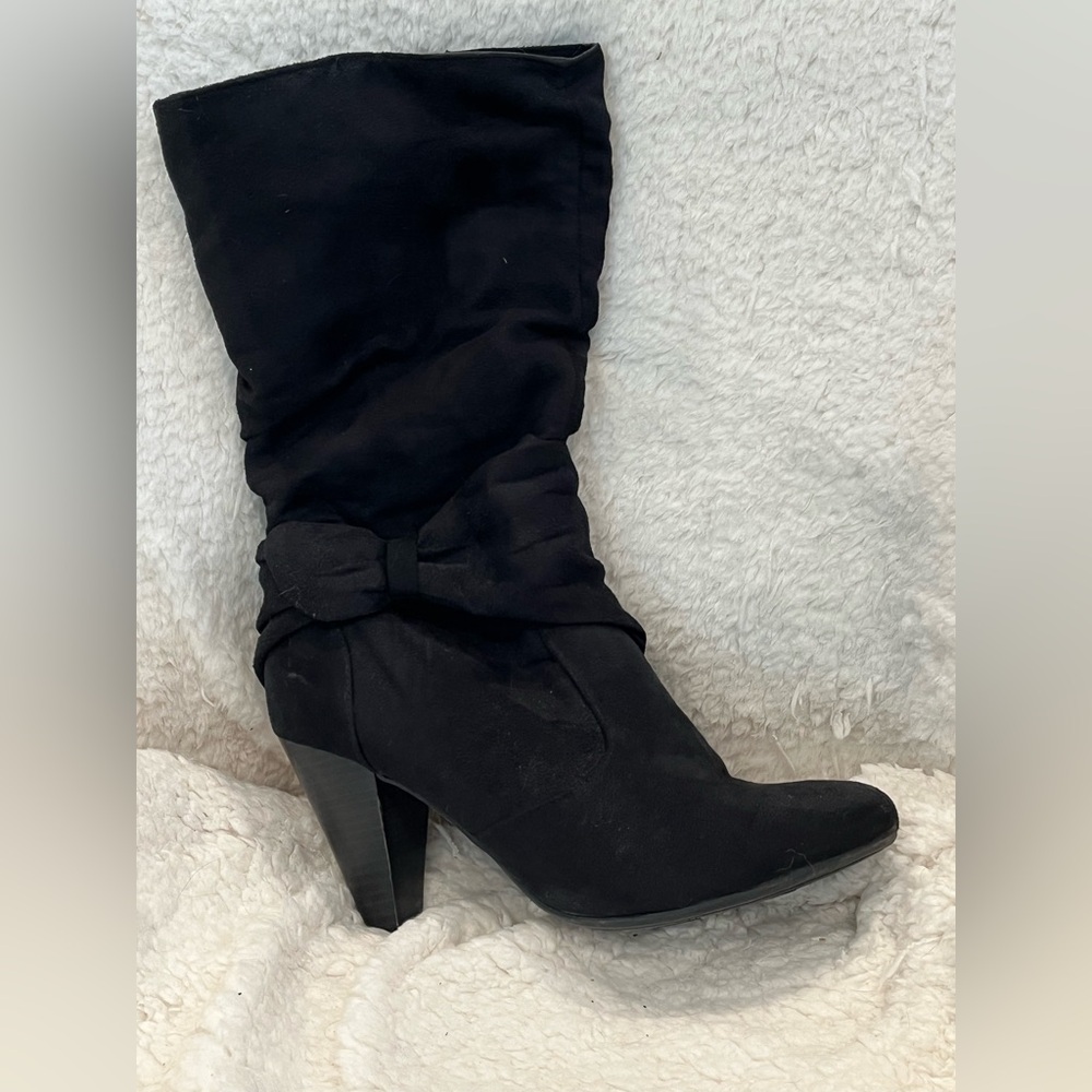 Black Faux Suede Bow Slouch Cone High Heel Knee High Boot